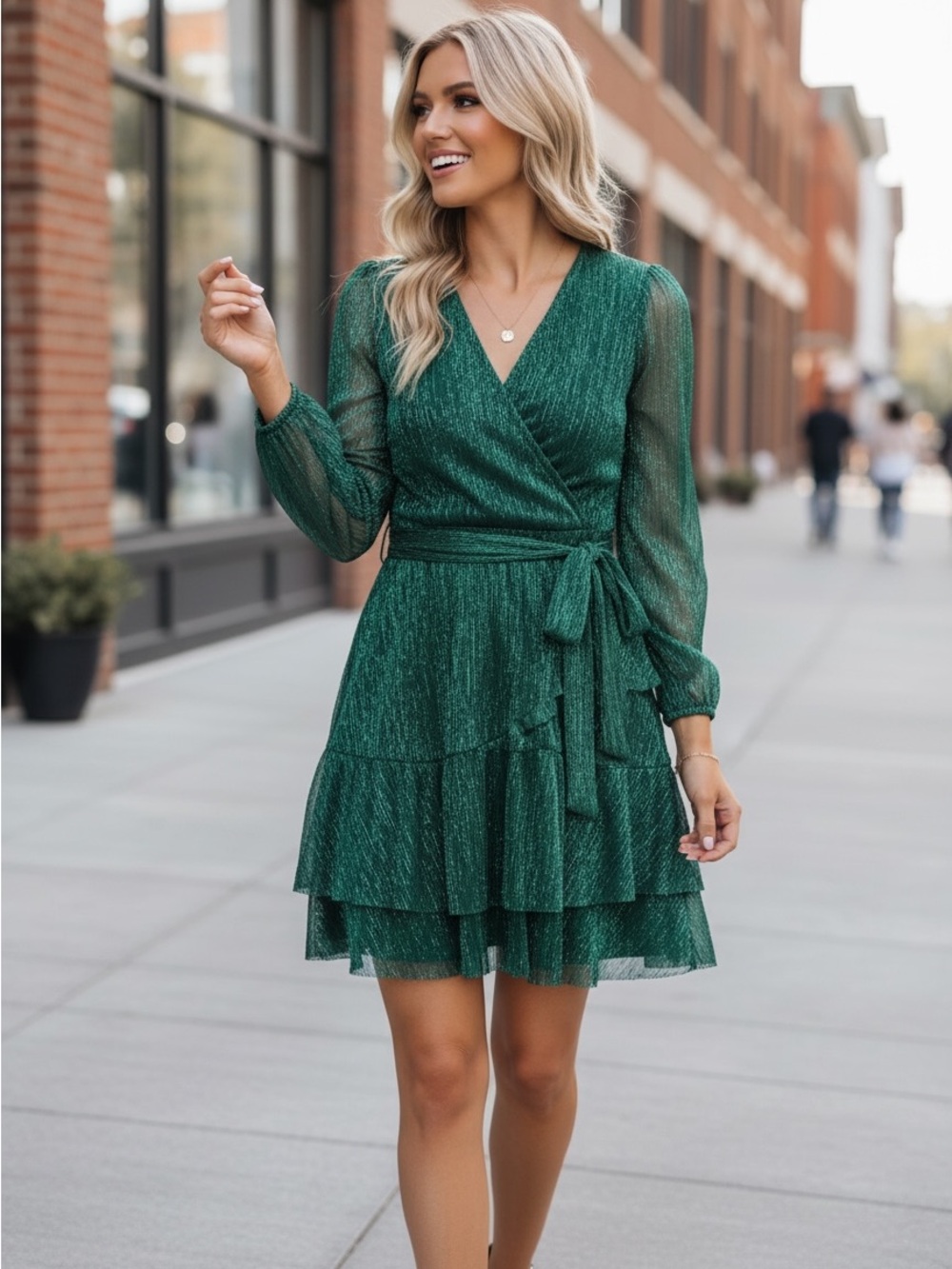 Rachel Zoe Green Wrap Tiered Long-Sleeve Dress